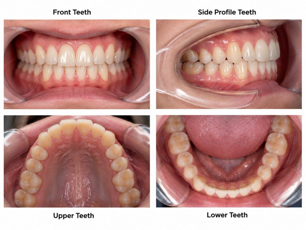 Clear aligner photo assessment of front teeth, side teeth, upper teeth and lower teeth