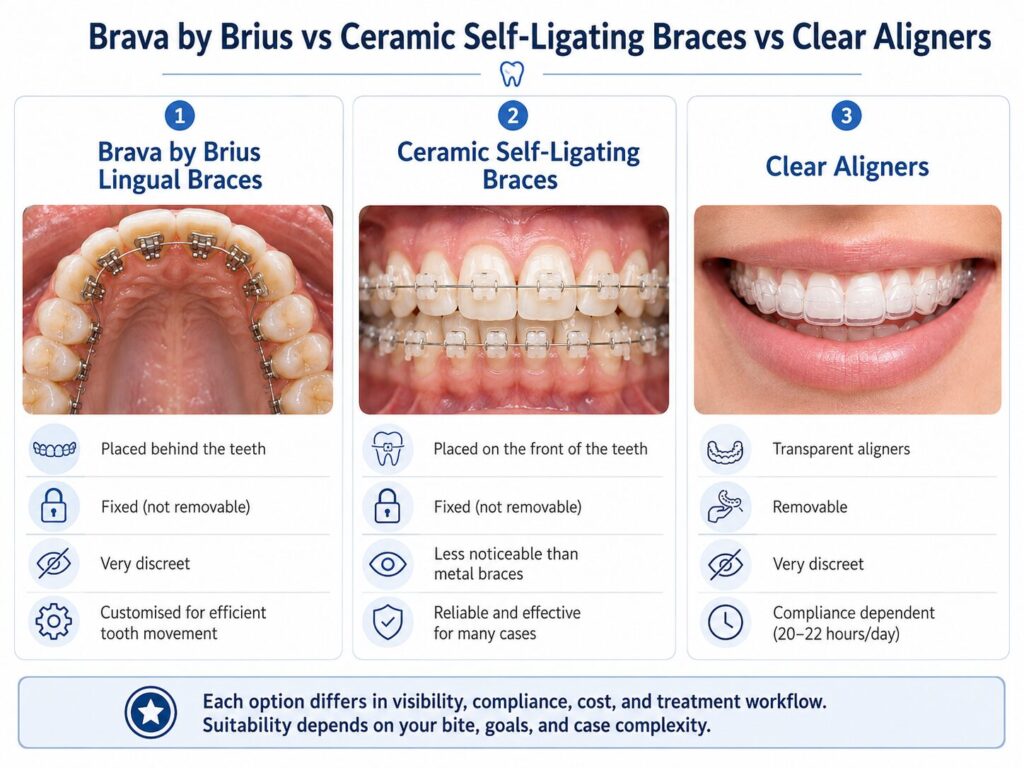 Brava by Brius Lingual Braces vs Clear Aligners vs Ceramic Self-Ligating Braces - kohe™ Dental