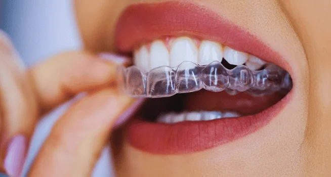 Woman Removing Her Invisible Braces (Clear Aligners) From Her Teeth - kohe Dental