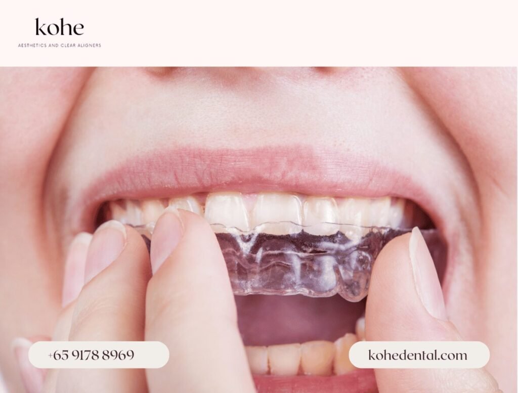 The Real Math Behind Why Your Clear Aligner Treatment Costs a Bomb! 2 Woman Putting on Clear Aligners Onto Her Teeth - kohe Dental